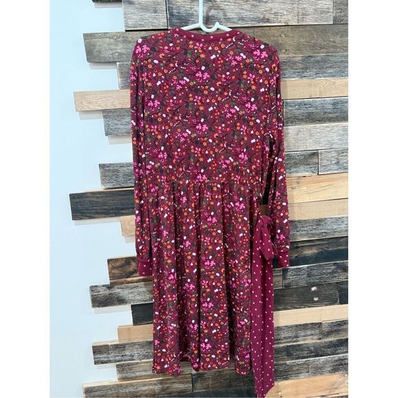 Talbots Womens Floral Contrast Belted Dress Long Sleeve Slit Neck Stretch Sz L - Picture 3 of 8